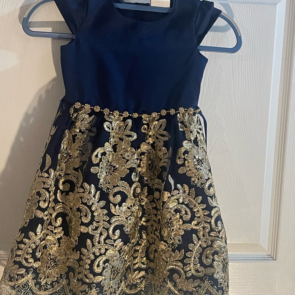Rare Editions Navy Dress with Gold Lace Overlay - Picture 2 of 7